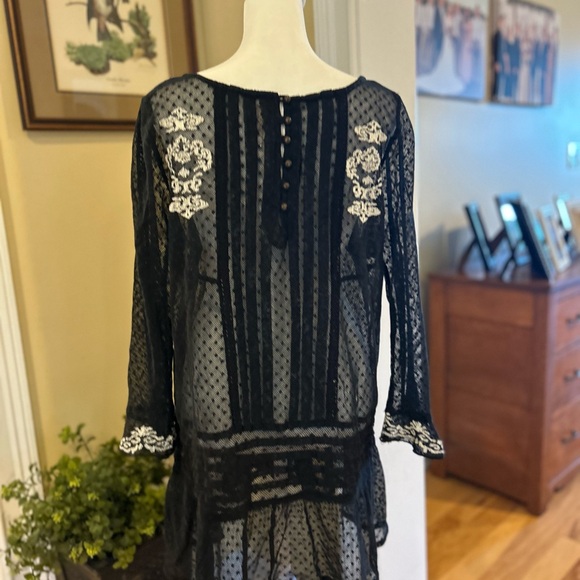Free People Black Sheer Blouse with White Embroidery - Picture 6 of 13